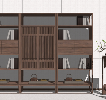 新中式实木书柜，装饰柜花架，摆台su草图模型下载