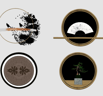 新中式圆形墙饰挂件，挂饰扇子su草图模型下载