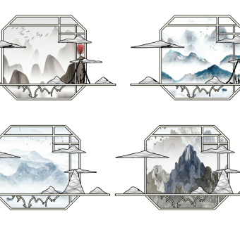 新中式山脉墙饰挂件，立体画su草图模型下载