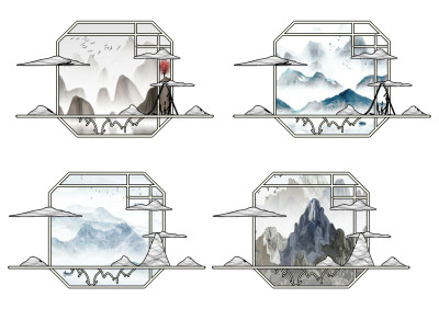 新中式山脉墙饰挂件，立体画su草图模型下载