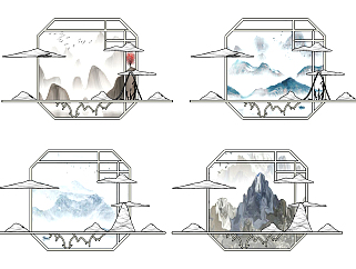 新中式山脉墙饰挂件，立体画su草图模型下载