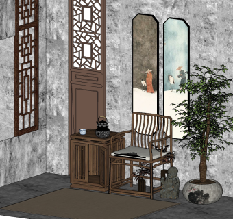 新中式装饰柜装饰画 挂画， su草图模型下载