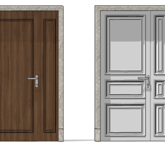 欧式入户门子母门，木门su草图模型下载