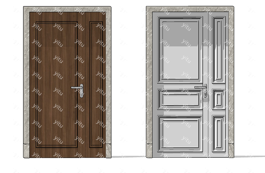 欧式入户门子母门木门su草图模型下载