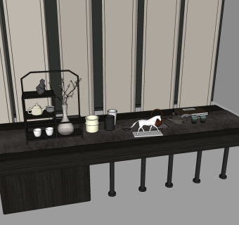 中式茶桌椅，博古架，茶具摆件su草图模型下载