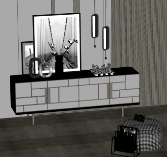 现代电视柜，边柜饰品摆件杂志架，组合su草图模型下载