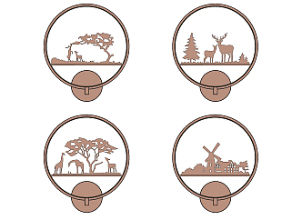 北欧麋鹿，树，<em>风车</em>剪影圆形壁灯su草图模型下载