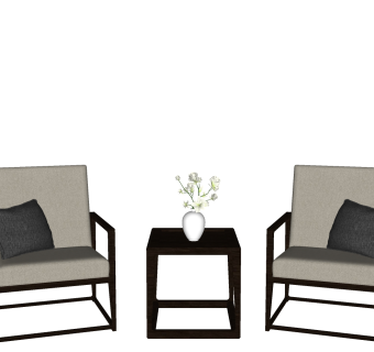 新中式单人木制休闲椅子，茶几摆件su草图模型下载