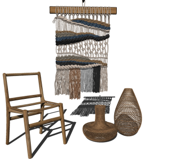 新中式现代原木自然风民宿藤编编织落地灯挂毯挂饰椅子su草图模型下载