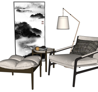 172新中式单人休闲椅 脚凳su草图模型下载