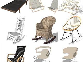 室外户外休闲椅，藤编编织沙发椅子，铁艺椅子，木制椅子，躺椅摇椅su草图模型下载
