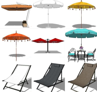 欧式金属铁艺室外户外休闲椅，遮阳伞躺椅su草图模型下载