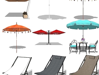欧式金属铁艺室外户外休闲椅，遮阳伞躺椅su草图模型下载