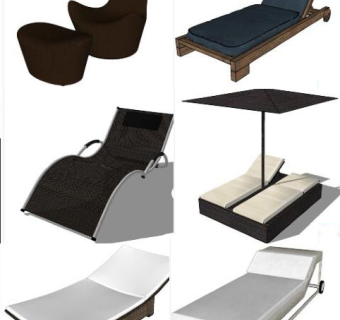 室外户外休闲躺椅，遮阳伞su草图模型下载