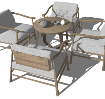 新中式单人休闲木制椅子，餐椅su草图模型下载