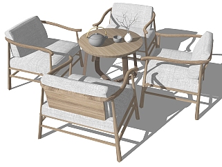 新中式单人休闲木制椅子，餐椅su草图模型下载