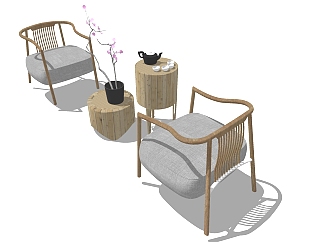 新中式单人休闲木制椅子，木制茶几摆件su草图模型下载