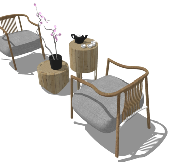 新中式单人休闲木制椅子，木制茶几摆件su草图模型下载