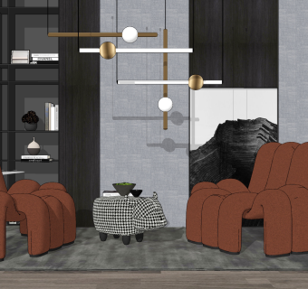 异形单人休闲沙发椅子，茶几，雕塑摆件，吊灯su草图模型下载