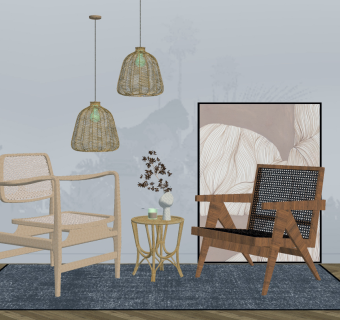 自然风藤编编织休闲椅椅子边几吊灯su草图模型下载