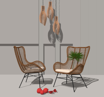 东南亚户外藤编编织休闲椅，椅子吊灯su草图模型下载