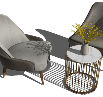 轻奢休闲椅子 单人沙发金属边几su草图模型下载