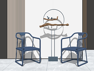 新中式木制风格休闲椅，干枝树枝吊灯su草图模型下载