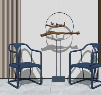 新中式木制风格休闲椅，干枝树枝吊灯su草图模型下载