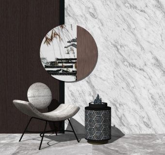 新中式休闲单椅，凳子，边几su草图模型下载