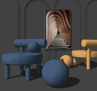 单人异形椅子，球球组合su草图模型下载