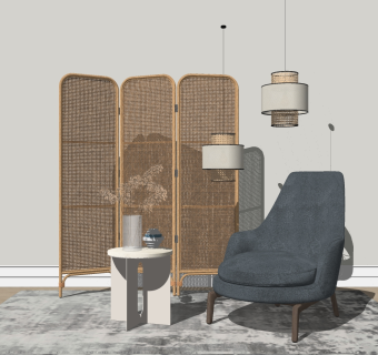 休闲沙发椅子，屏风隔断，茶几摆件吊灯su草图模型下载