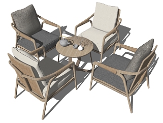 新中式木制休闲椅，<em>茶几</em>茶具，摆件组合su草图模型下载