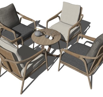 新中式木制休闲椅，茶几茶具，摆件组合su草图模型下载