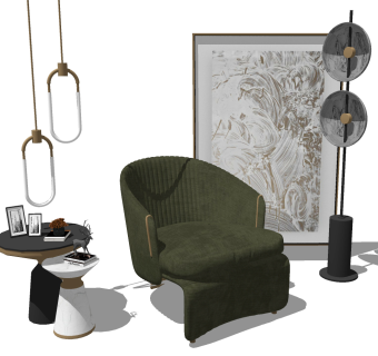 单人休闲沙发椅子，边几圆几，落地灯su草图模型下载