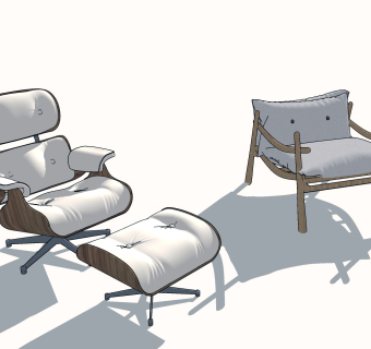 办公椅单人休闲椅躺椅，脚凳su草图模型下载