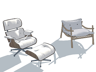办公椅单人休闲椅躺椅，脚凳su草图模型下载