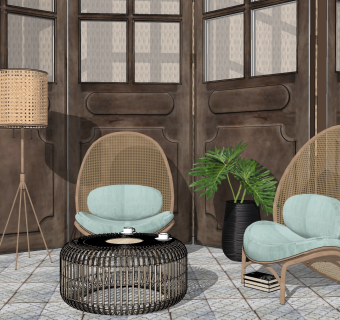 金属铁艺单人休闲沙发椅子，金属茶几，落地灯su草图模型下载