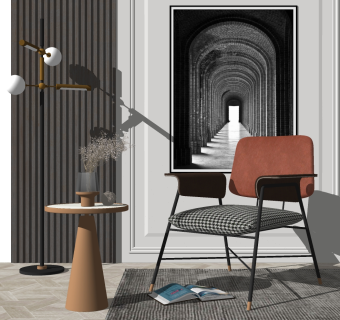 金属单人休闲椅子，边几，圆几su草图模型下载