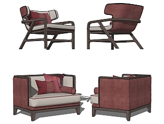 新中式木制单人休闲沙发椅子，su草图模型下载