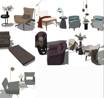 单人休闲沙发椅子，边几落地灯su草图模型下载