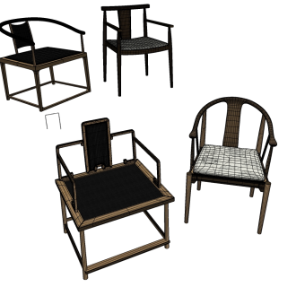 新中式古典实木木制单人休闲椅子 su草图模型下载