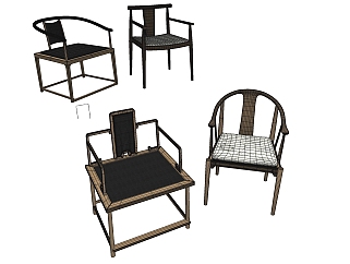 新中式古典实木木制单人休闲椅子 su草图模型下载