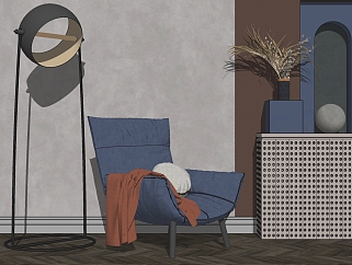 北欧现代单人休闲沙发椅子，落地灯su草图模型下载