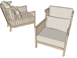 新中式木制单人休闲椅子沙发su草图模型下载