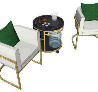 轻奢金属休闲沙发椅子，边几圆几，摆件su草图模型下载