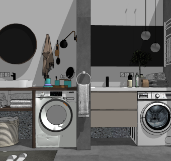 04现代卫浴配件洗衣机台盆浴室柜，洗漱用品su草图模型下载