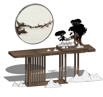 06新中式玄关，摆台条案，盆景山形石头玄关柜su草图模型下载