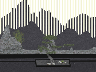 石头山脉造型格栅，景观背景墙<em>松树</em>水景su草图模型下载
