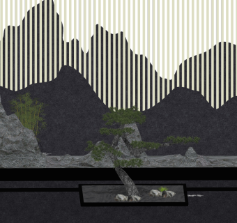 07新中式迎客松，石头山脉造型格栅，景观背景墙松树水景su草图模型下载