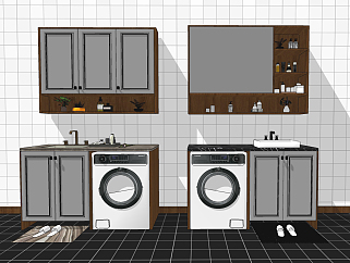 21现代阳台卫生间浴室柜洗衣机伴侣，橱柜吊柜su草图模型下载